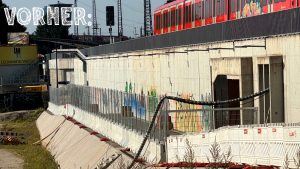 Verschmutzte und mit Graffiti besprühte Sichtbetonwände am S-Bahnhof Diebsteich in Hamburg vor der Reinigung und Oberflächenaufbereitung.